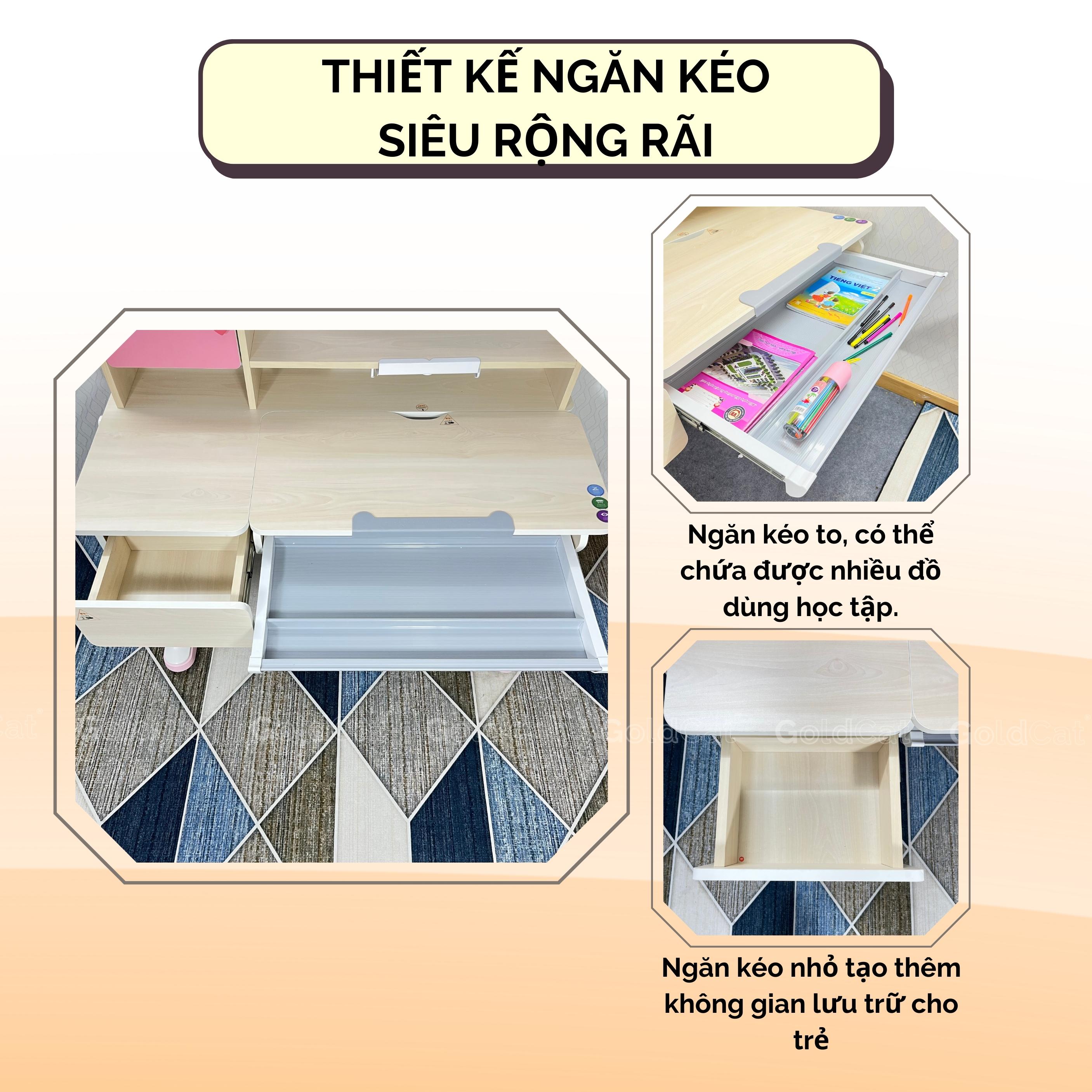 Bàn hoc A120 thiết kế ngăn bàn học rông rãi, gia tăng không gian lưu trữ tối đa các đồ dùng học tập, sách vở cho bé
