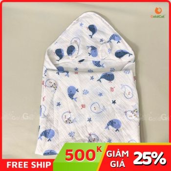 Chăn Ủ Sơ Sinh Vải Muslin 4 Lớp Có Mũ Cao Cấp